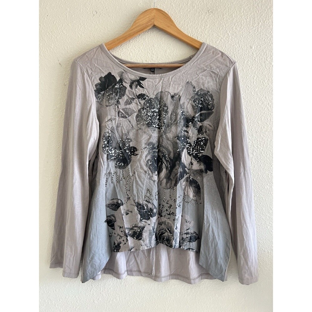 Y2K Top Womens Size 6 Gray Floral Long Sleeve Stud Layered Fairycore Romantic